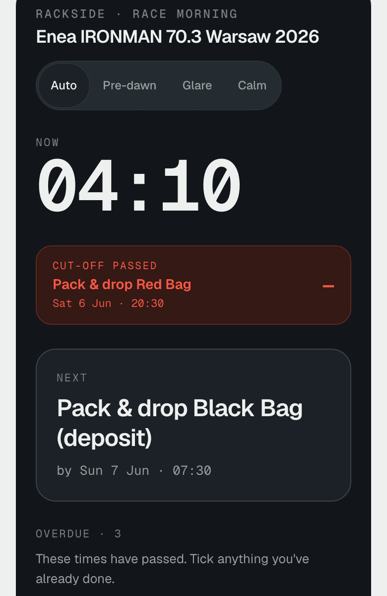 RackSide race-morning view at 04:10, dark for pre-dawn: a passed bag-drop cut-off marked in red and the next move, drop the black bag by 07:30.